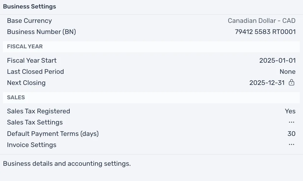 Business Settings scrolled to the Sales section: Sales Tax Registered set to Yes, Sales Tax Settings, Default Payment Terms (days) and Invoice Settings