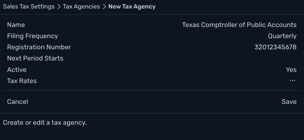 The New Tax Agency window for the Texas Comptroller of Public Accounts, filing quarterly, with its registration number