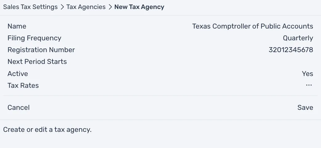 The New Tax Agency window for the Texas Comptroller of Public Accounts, filing quarterly, with its registration number