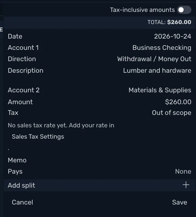 A new expense in a United States business: the Tax field reads Out of scope, with the note No sales tax rate yet. Add your rate in Sales Tax Settings, the name of the window being a link