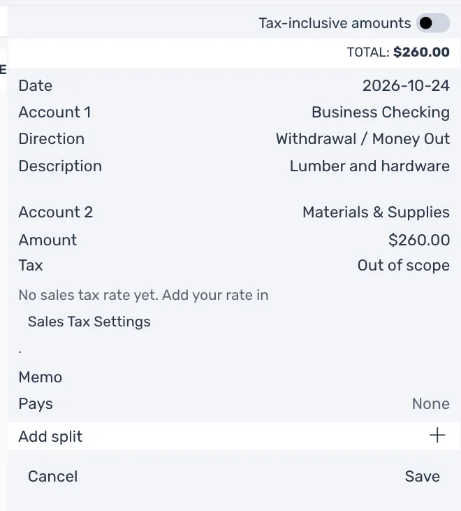 A new expense in a United States business: the Tax field reads Out of scope, with the note No sales tax rate yet. Add your rate in Sales Tax Settings, the name of the window being a link