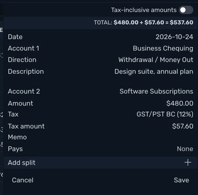 An expense with GST/PST BC (12%) chosen: a Tax amount of $57.60, and a total of $480.00 plus $57.60 equals $537.60
