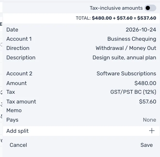 An expense with GST/PST BC (12%) chosen: a Tax amount of $57.60, and a total of $480.00 plus $57.60 equals $537.60
