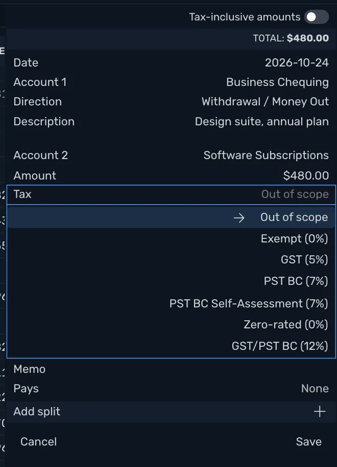 A new expense in Business Chequing with the Tax field open: Out of scope, Exempt (0%), GST (5%), PST BC (7%), PST BC Self-Assessment (7%), Zero-rated (0%) and GST/PST BC (12%)