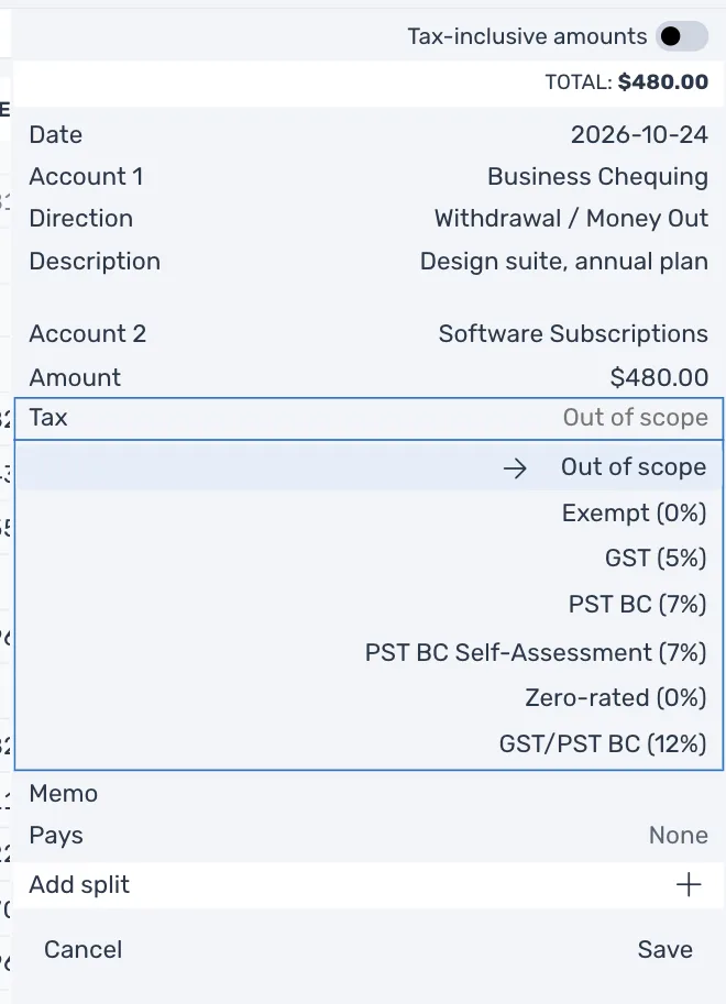 A new expense in Business Chequing with the Tax field open: Out of scope, Exempt (0%), GST (5%), PST BC (7%), PST BC Self-Assessment (7%), Zero-rated (0%) and GST/PST BC (12%)