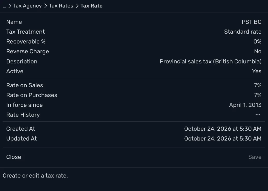 The PST BC rate open: Standard rate, Recoverable 0%, Reverse Charge No, Active Yes, 7% on sales and on purchases, in force since April 1, 2013, and the Rate History row