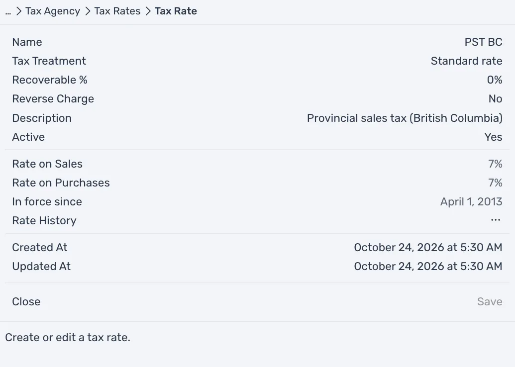 The PST BC rate open: Standard rate, Recoverable 0%, Reverse Charge No, Active Yes, 7% on sales and on purchases, in force since April 1, 2013, and the Rate History row