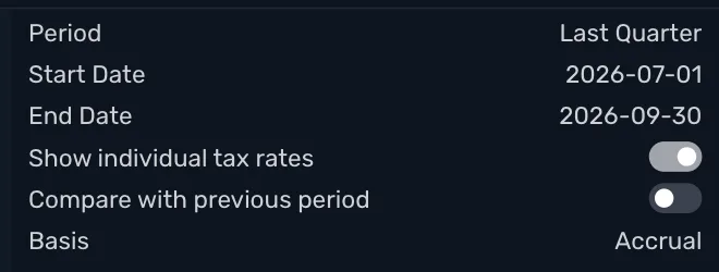 The Tax Summary's settings: Period set to Last Quarter with its Start Date and End Date, Show individual tax rates on, Compare with previous period off, and Basis set to Accrual