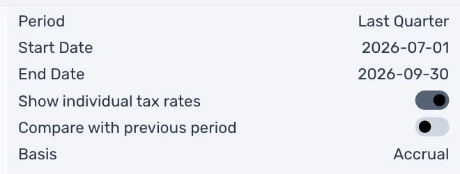 The Tax Summary's settings: Period set to Last Quarter with its Start Date and End Date, Show individual tax rates on, Compare with previous period off, and Basis set to Accrual