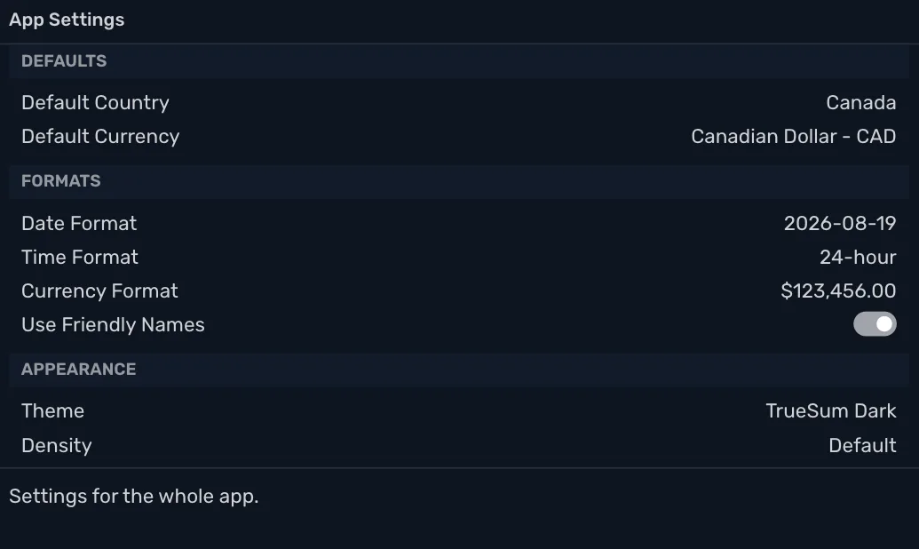 App Settings scrolled to Defaults and Formats: Default Country Canada, Default Currency Canadian Dollar - CAD, Date Format, Time Format, Currency Format and Use Friendly Names turned on, with Appearance starting under them