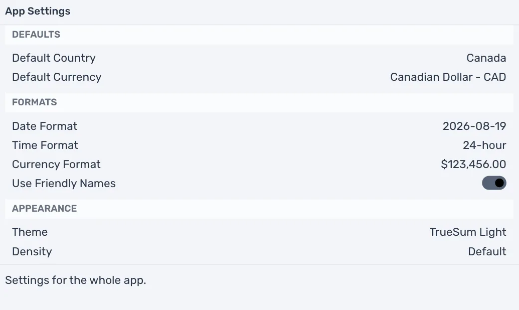 App Settings scrolled to Defaults and Formats: Default Country Canada, Default Currency Canadian Dollar - CAD, Date Format, Time Format, Currency Format and Use Friendly Names turned on, with Appearance starting under them