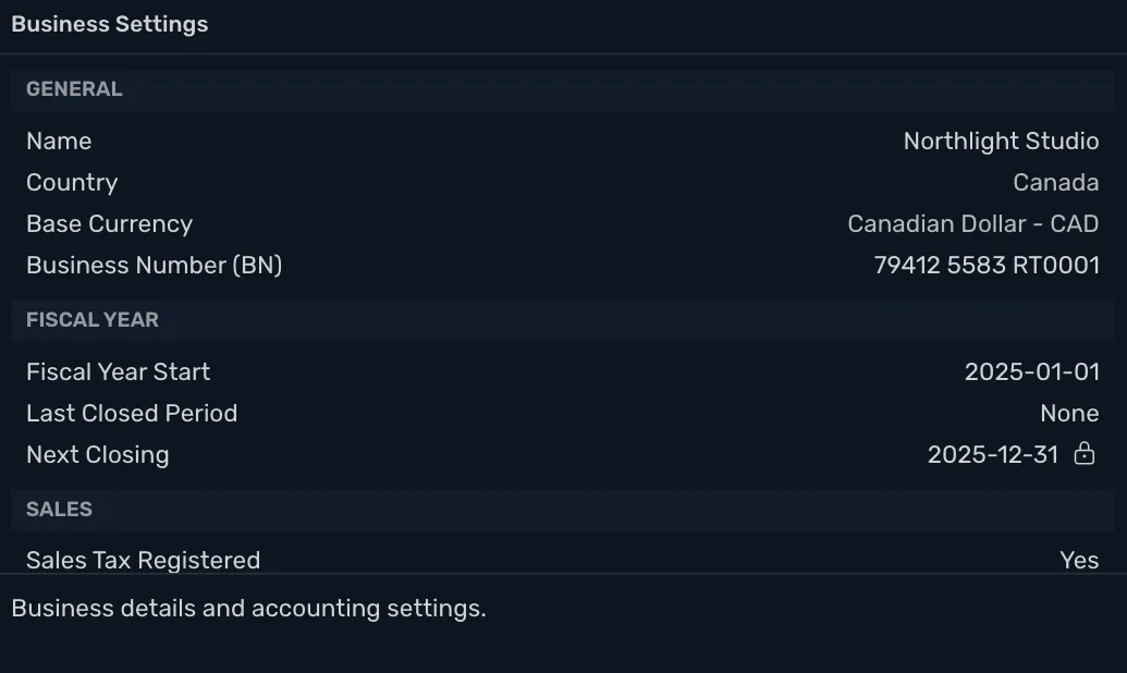 Business Settings for Northlight Studio: General with Name, Country, Base Currency and Business Number (BN), then Fiscal Year with Fiscal Year Start, Last Closed Period and Next Closing