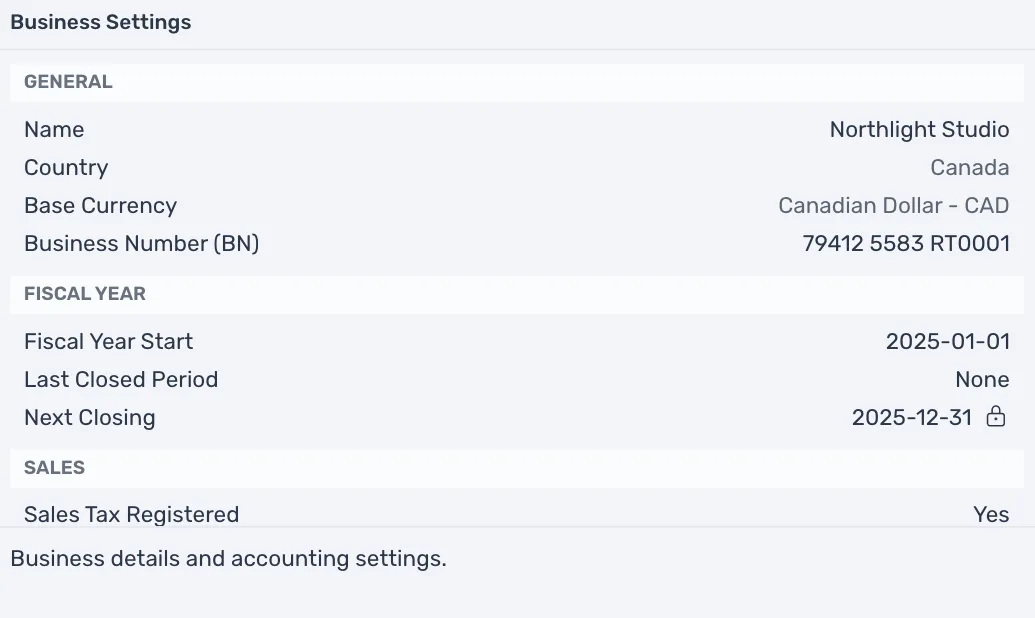 Business Settings for Northlight Studio: General with Name, Country, Base Currency and Business Number (BN), then Fiscal Year with Fiscal Year Start, Last Closed Period and Next Closing