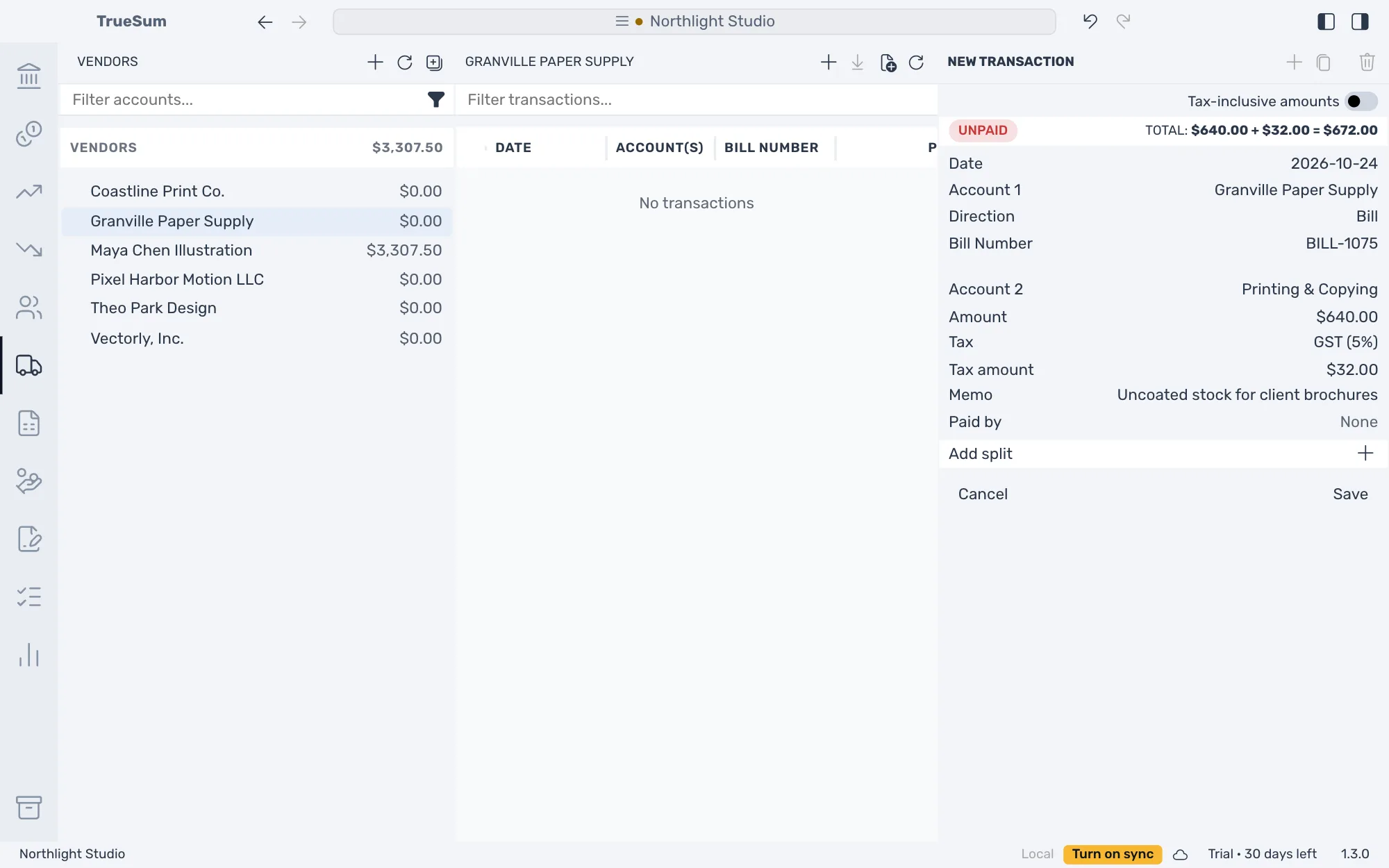 A new bill for Granville Paper Supply in the right sidebar: Bill, bill number BILL-1075, Printing & Copying at $640.00 with GST (5%) and the memo Uncoated stock for client brochures, a Paid by line reading None, and a total of $672.00