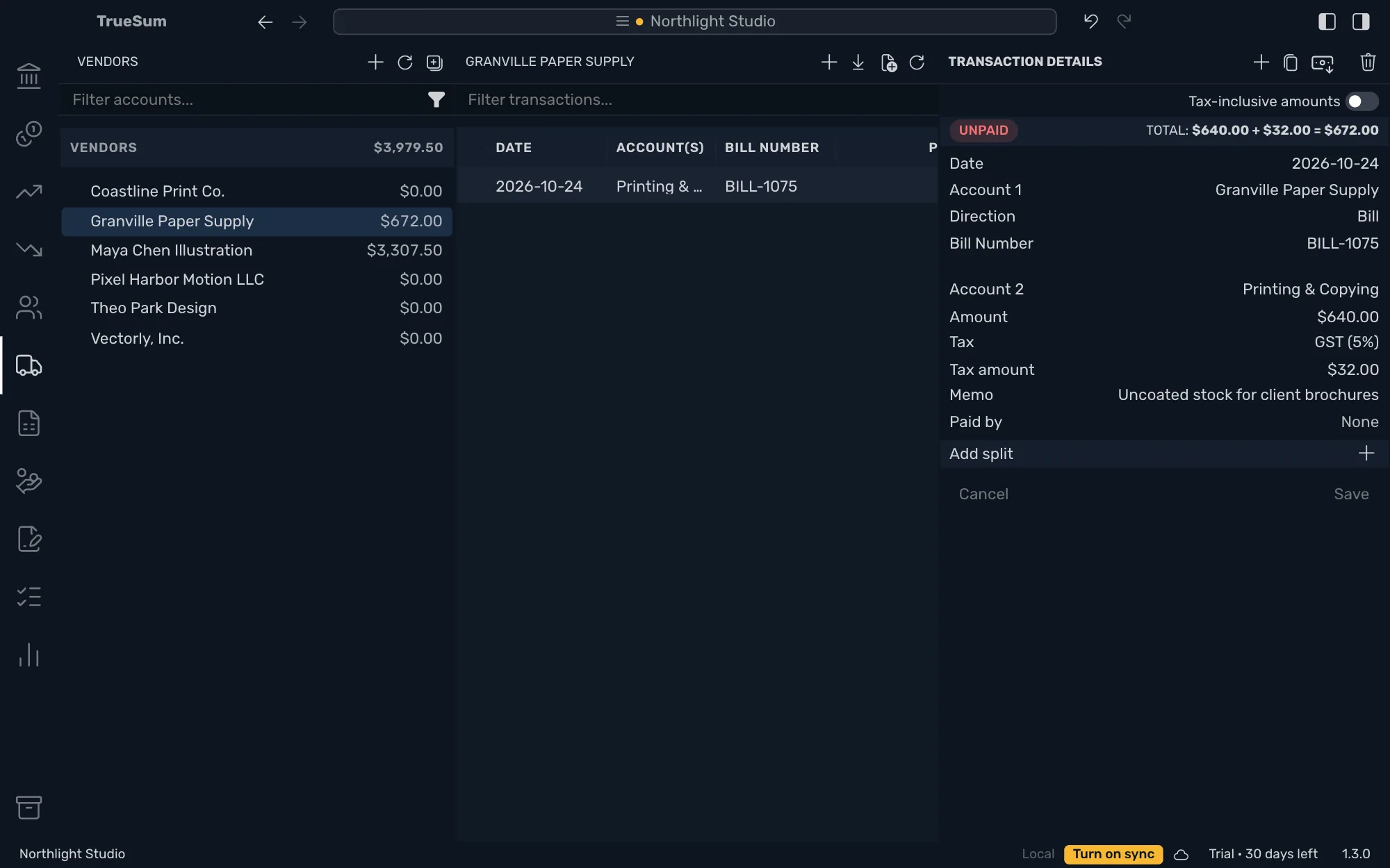 The saved bill open for Granville Paper Supply: the Unpaid badge and the total $640.00 plus $32.00 equals $672.00, with the vendor's balance of $672.00 in the sidebar