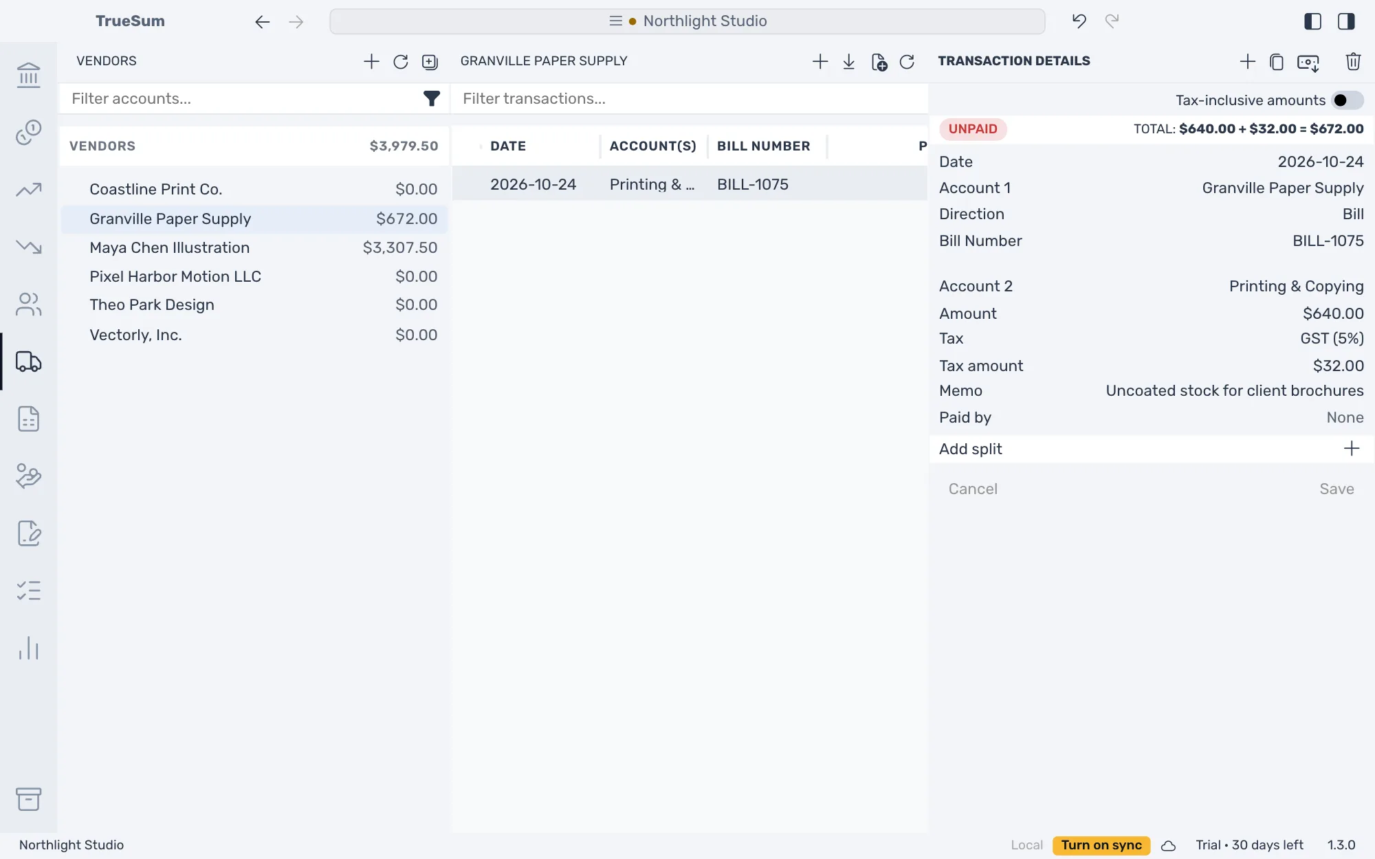 The saved bill open for Granville Paper Supply: the Unpaid badge and the total $640.00 plus $32.00 equals $672.00, with the vendor's balance of $672.00 in the sidebar