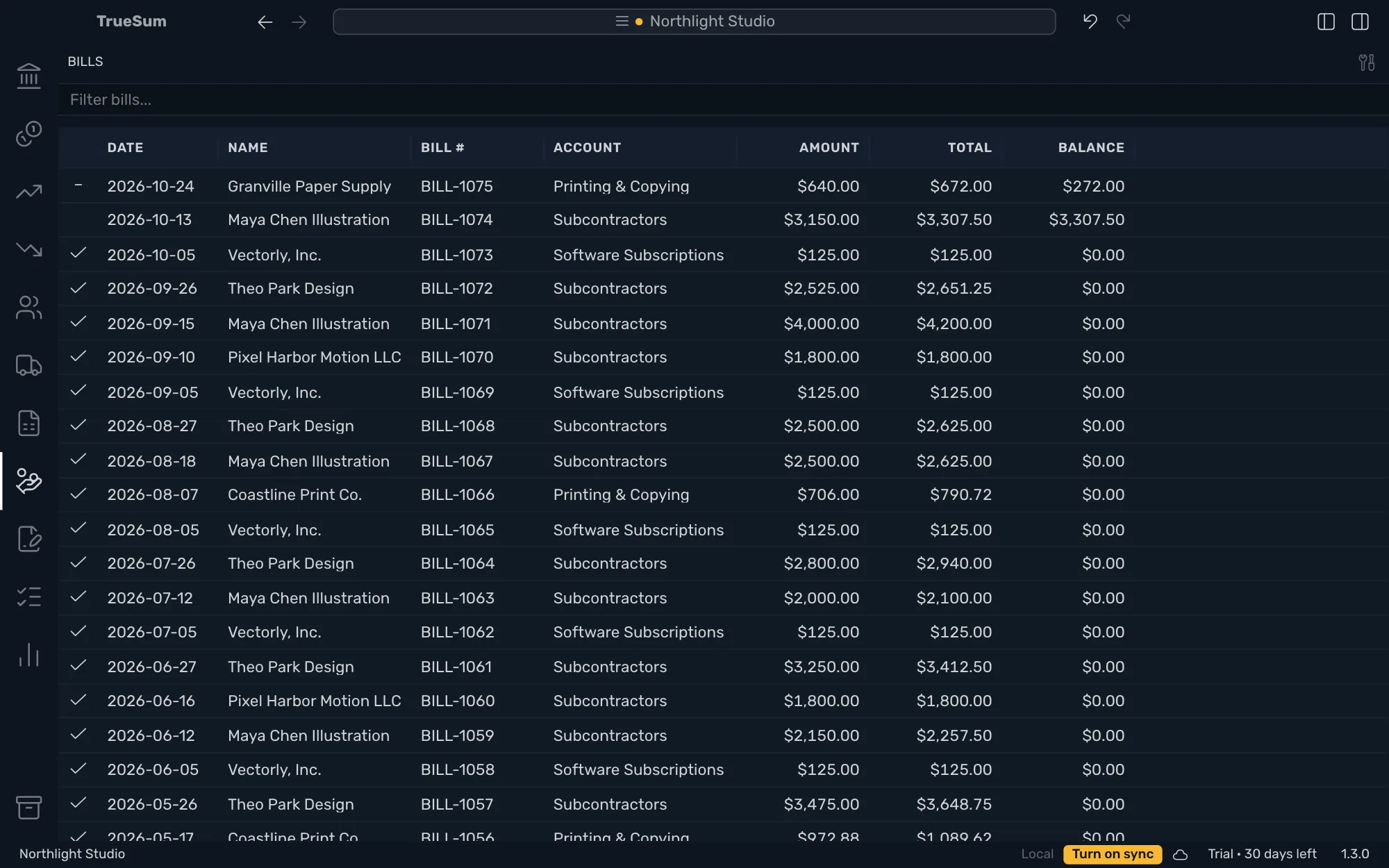 The Bills list: bills with Date, Name, Bill #, Account, Amount, Total and Balance, a check on paid bills, a dash on a part-paid one and the balance still owed