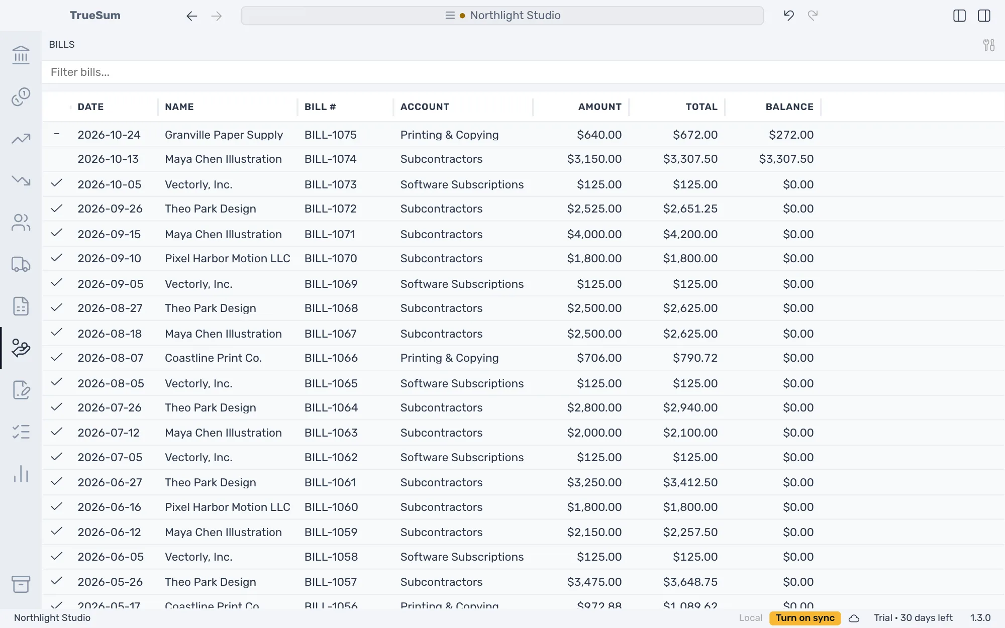 The Bills list: bills with Date, Name, Bill #, Account, Amount, Total and Balance, a check on paid bills, a dash on a part-paid one and the balance still owed