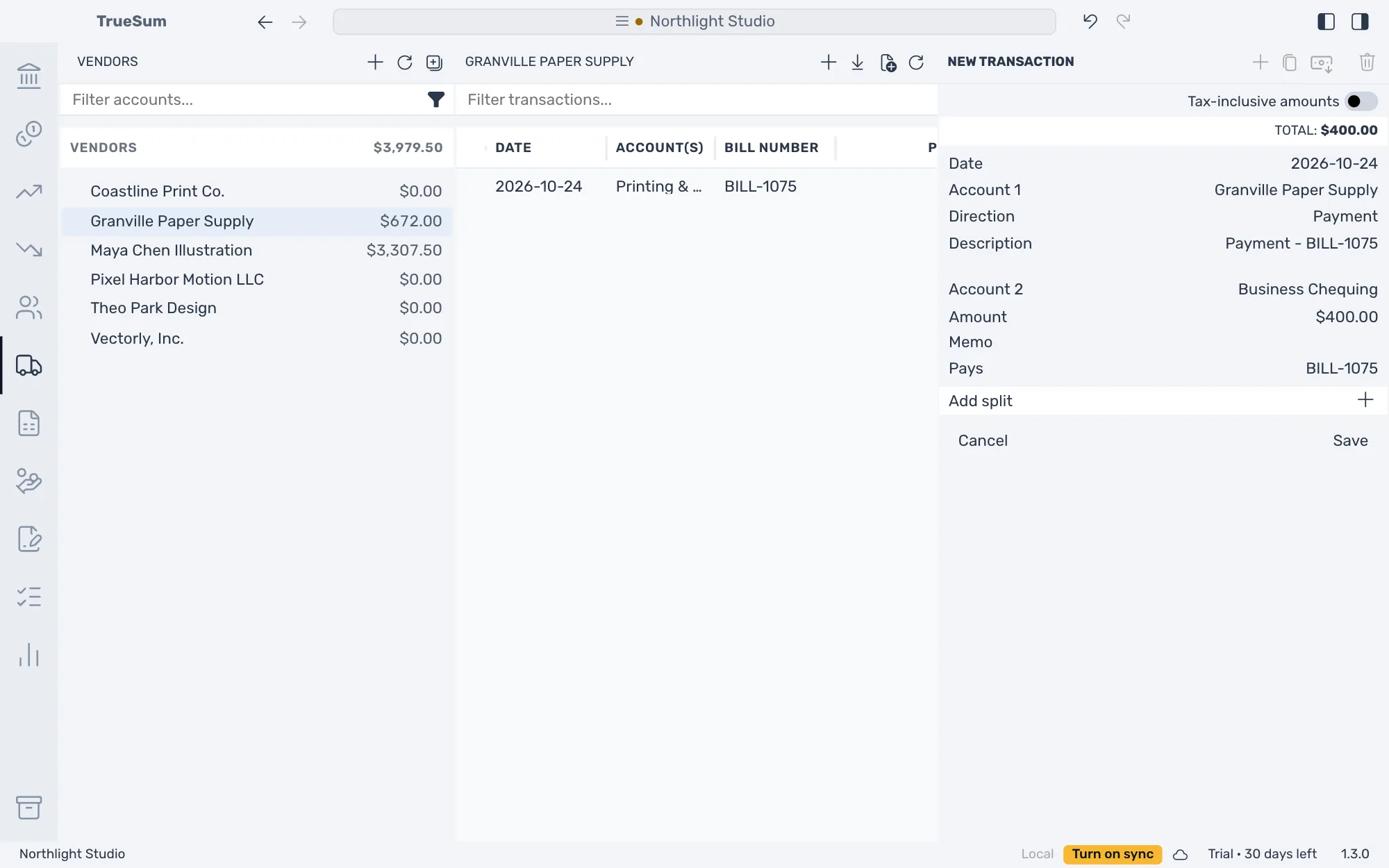 A new payment to Granville Paper Supply: Payment, Account 2 Business Chequing, an amount of $400.00 and the Pays line reading BILL-1075, with Save ready to press