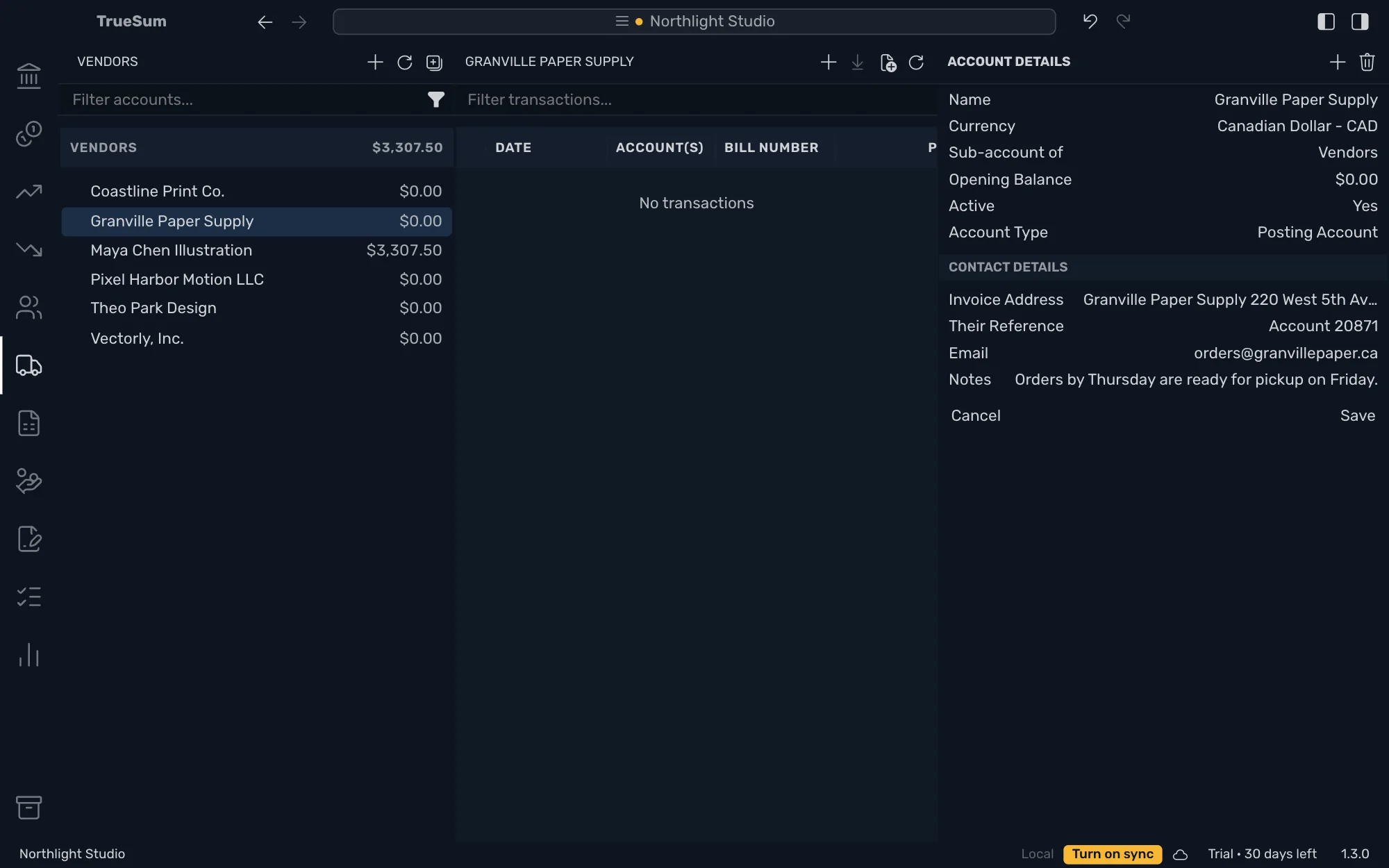Granville Paper Supply open with Account Details in the right sidebar: Canadian Dollar, and Contact Details with an address, the reference Account 20871, an email and a note, with Save ready to press