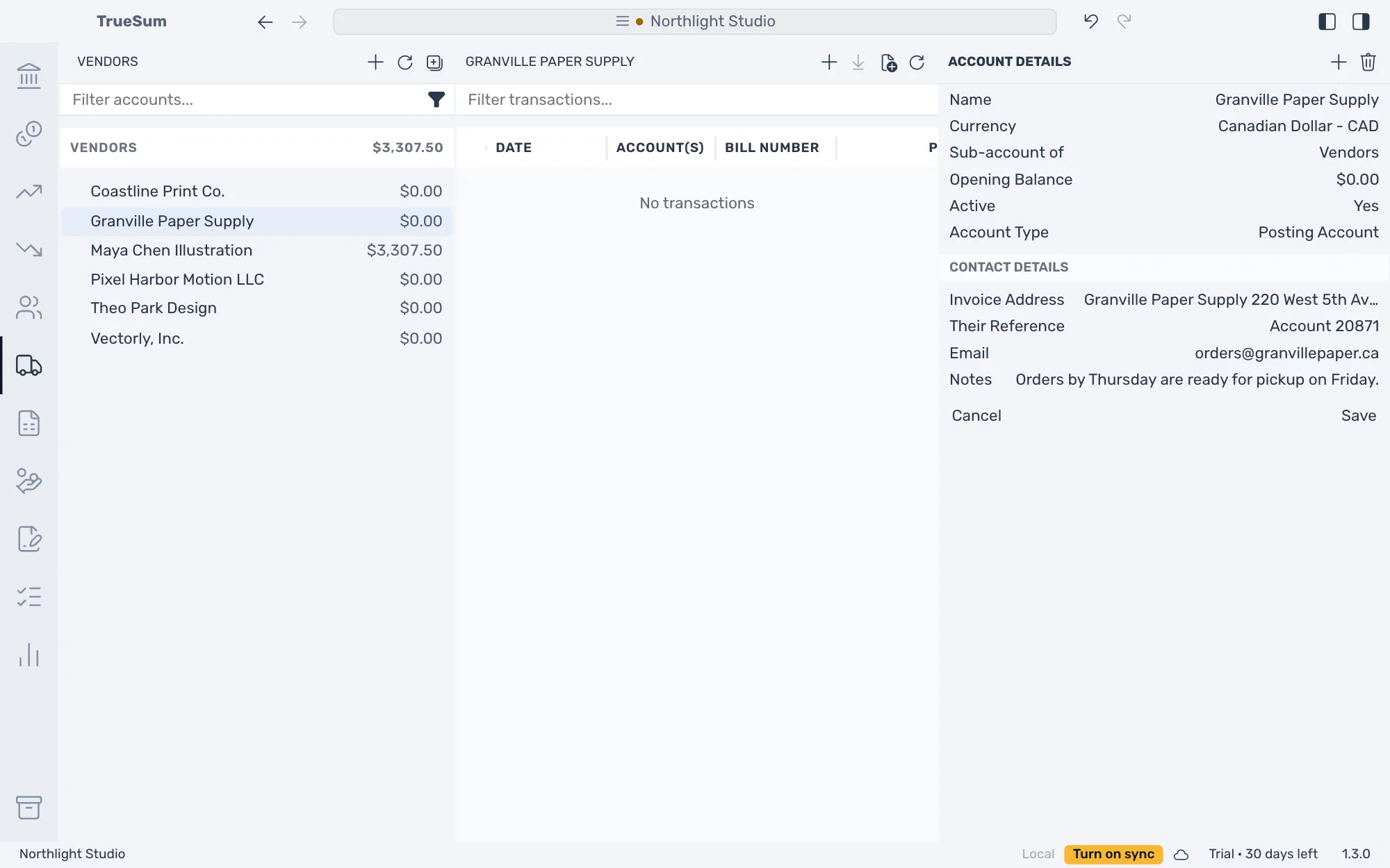 Granville Paper Supply open with Account Details in the right sidebar: Canadian Dollar, and Contact Details with an address, the reference Account 20871, an email and a note, with Save ready to press