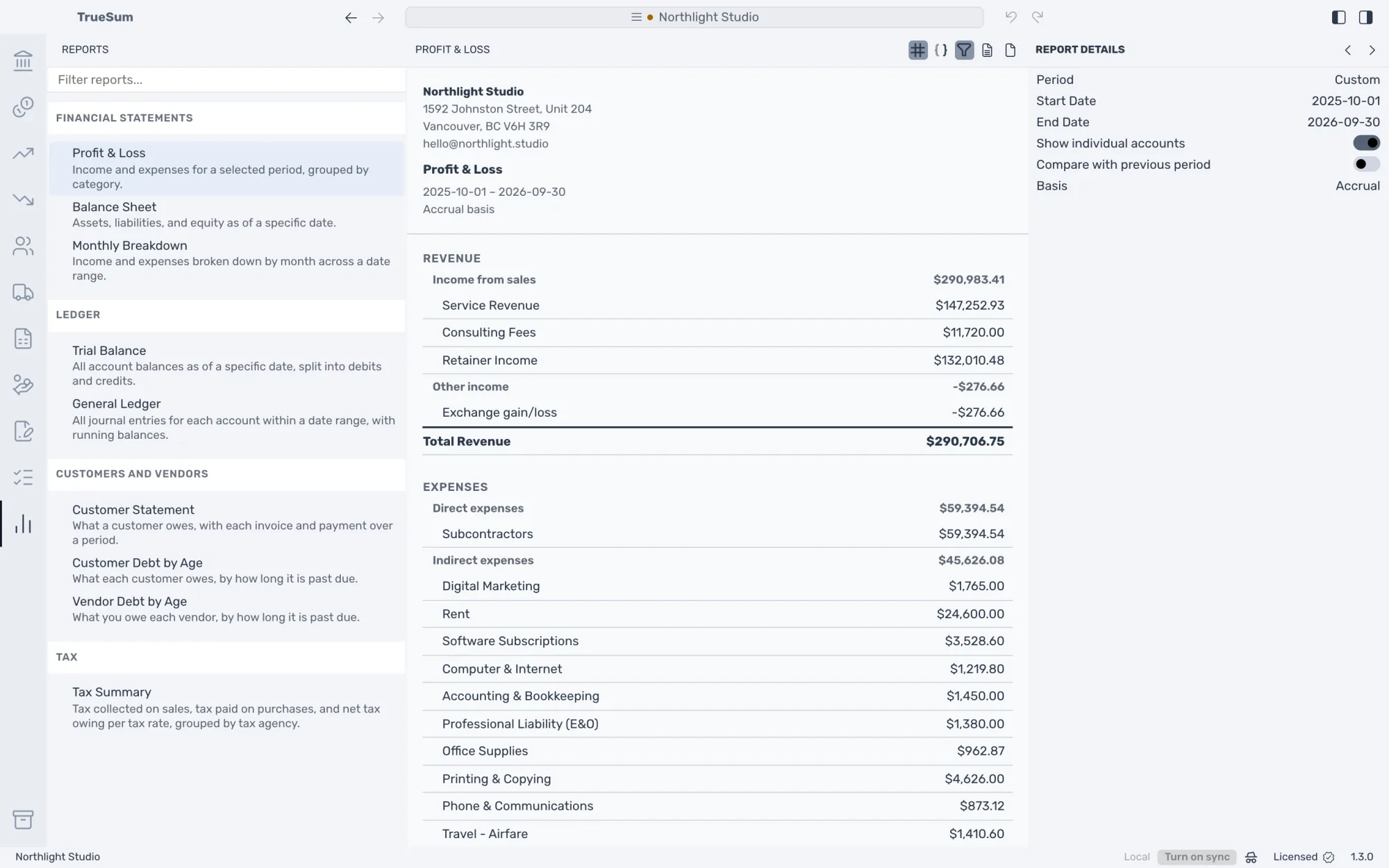 TrueSum's Profit & Loss for a design studio's year, with each income and expense account