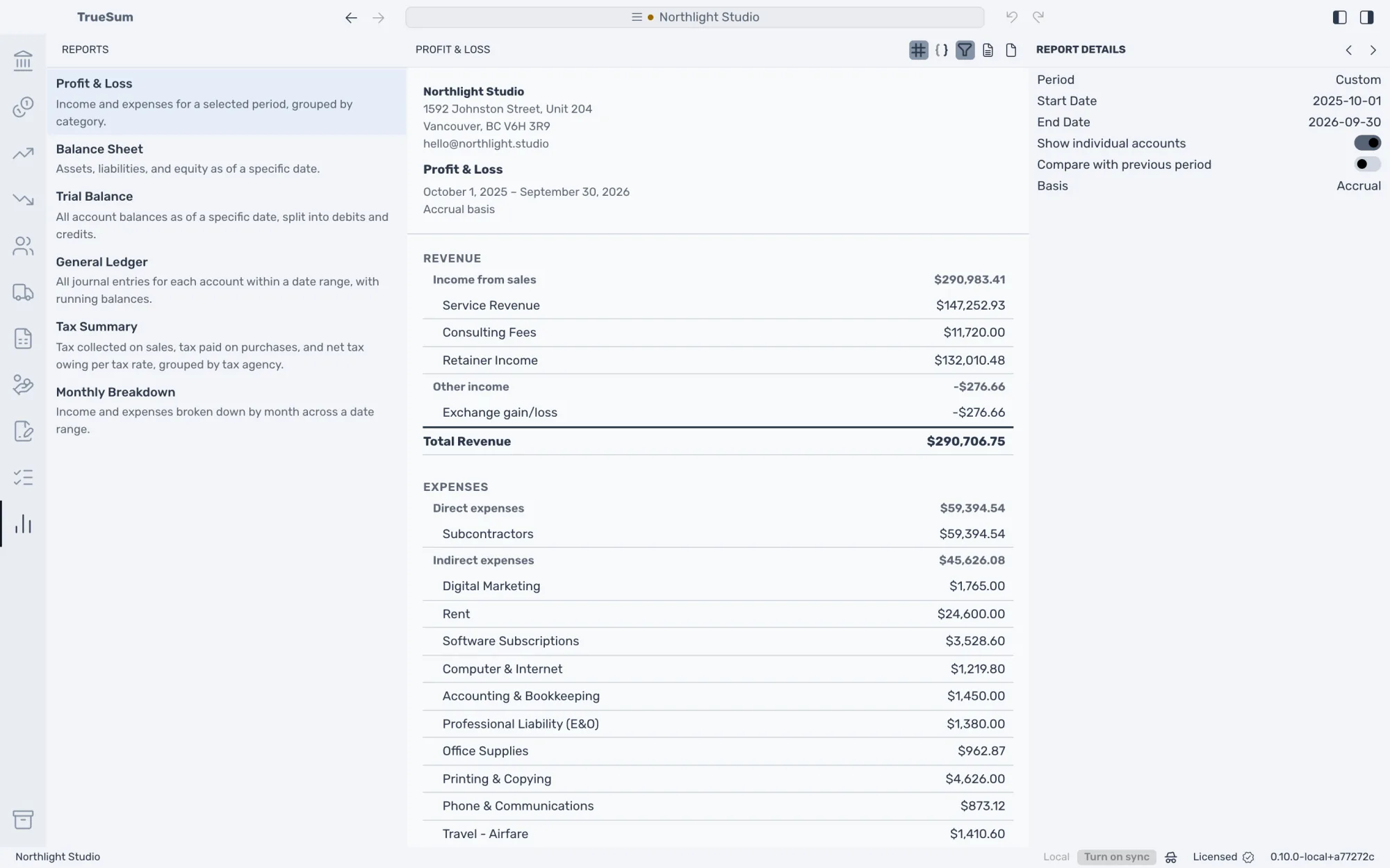 TrueSum's Profit & Loss for a design studio's year, with each income and expense account